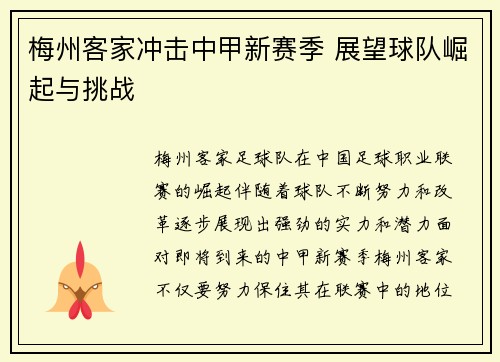 梅州客家冲击中甲新赛季 展望球队崛起与挑战